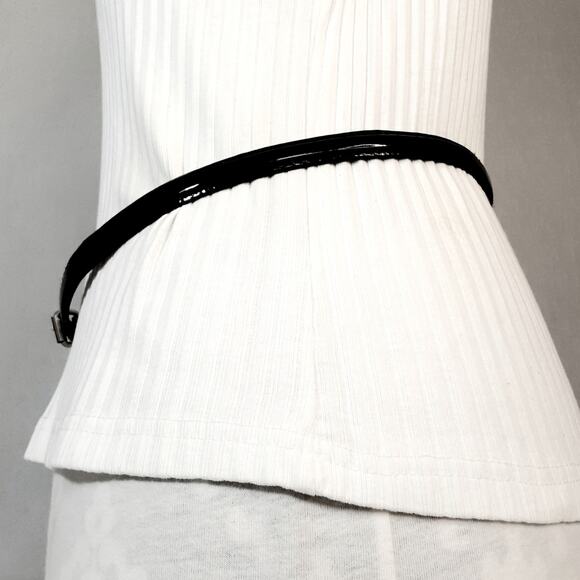 Black Patent Faux Leather Skinny Belt Medium Waist Silver Tone Hardware - Picture 2 of 10